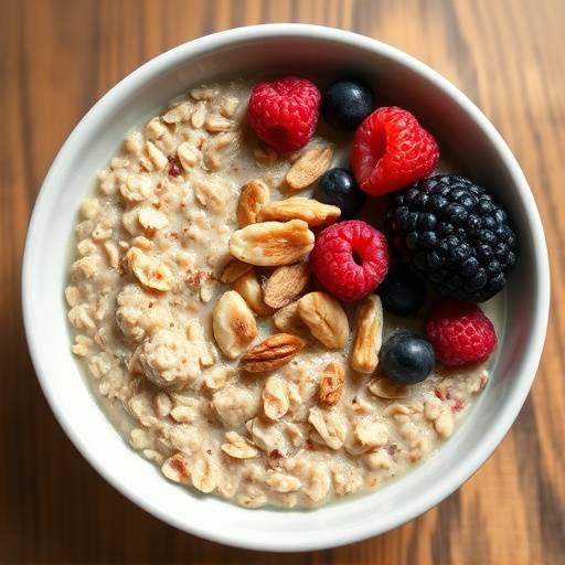 A bowl of oatmeal with berries and nuts