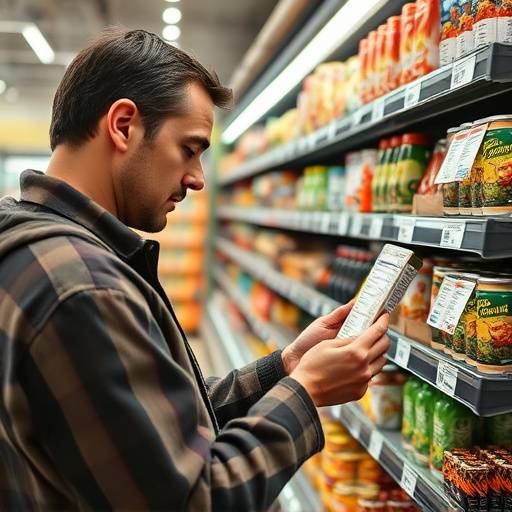 A person carefully reading food labels in a grocery store, with a focus on allergen information