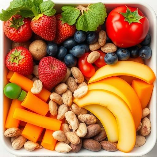 A variety of healthy snack options including fruits, vegetables, and nuts.