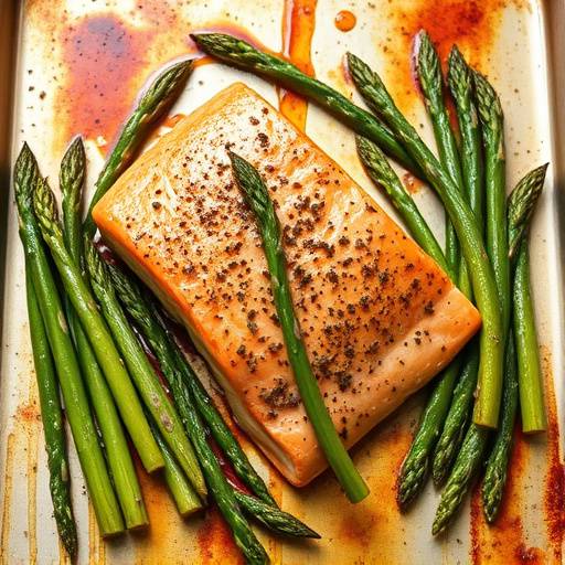 Baked salmon with asparagus on a baking sheet