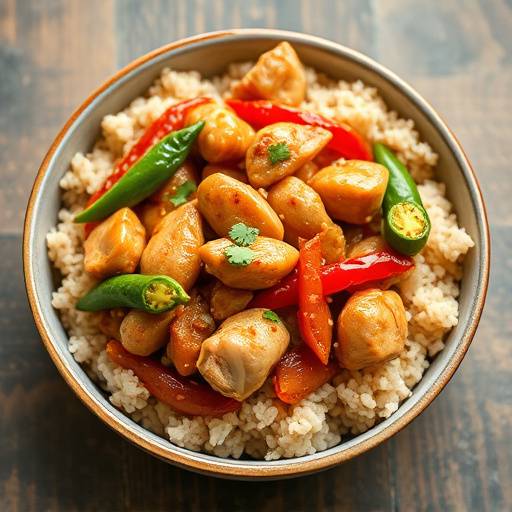 Chicken stir-fry with brown rice in a bowl