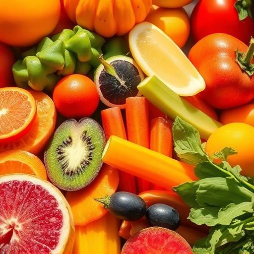 Close up shot of colorful fruits and vegetables with the sun shining through, representing immune-boosting foods