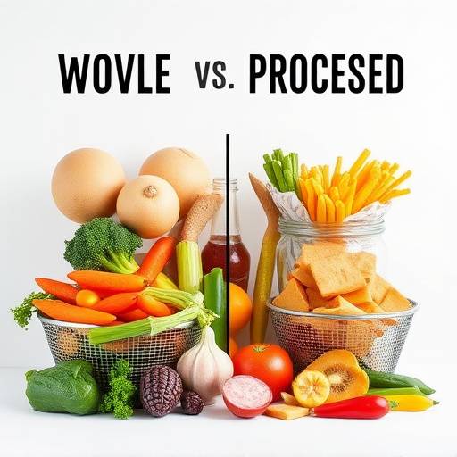 Comparison image showing whole, unprocessed foods versus highly processed foods.