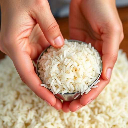 Hands measuring a portion of rice on a plate.