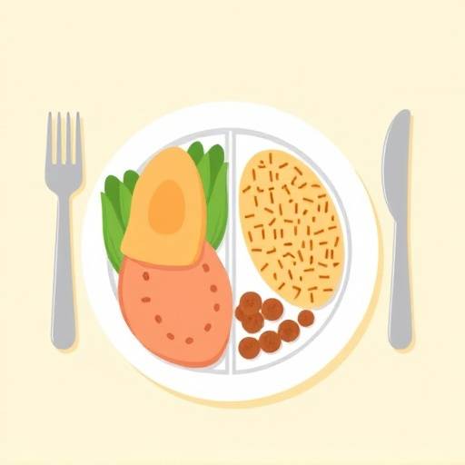 Illustration of a balanced plate with protein, vegetables, and carbohydrates.