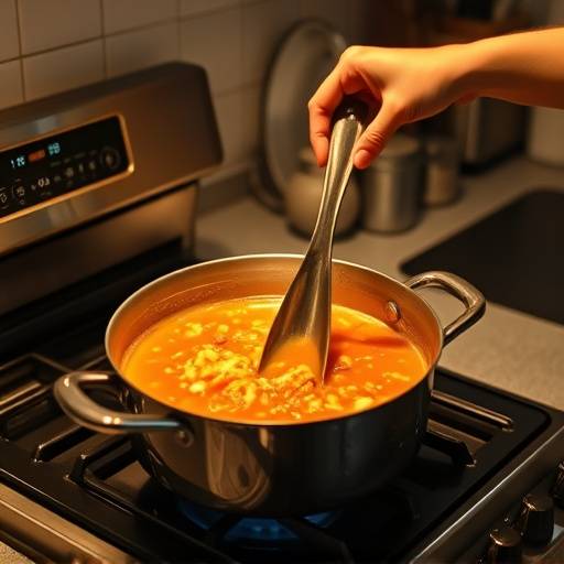 Image of a person stirring a large pot of soup on the stovetop for batch cooking