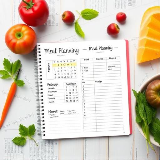 Overhead shot of a person writing in a meal planning notebook surrounded by fruits and vegetables