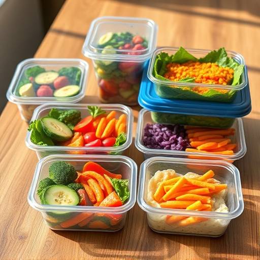 Prepared meal containers with healthy food options on a wooden table