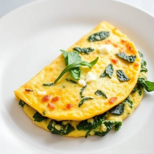 Spinach and feta omelet on a white plate